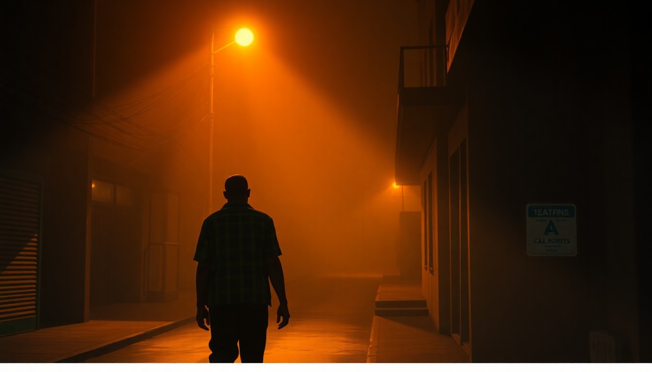 A serene, cinematic painting depicting a lone figure walking down a shadowy urban street, the warm light and deep contrasts evoking a sense of quiet contemplation about the fate of Haitian immigrants in the United States.