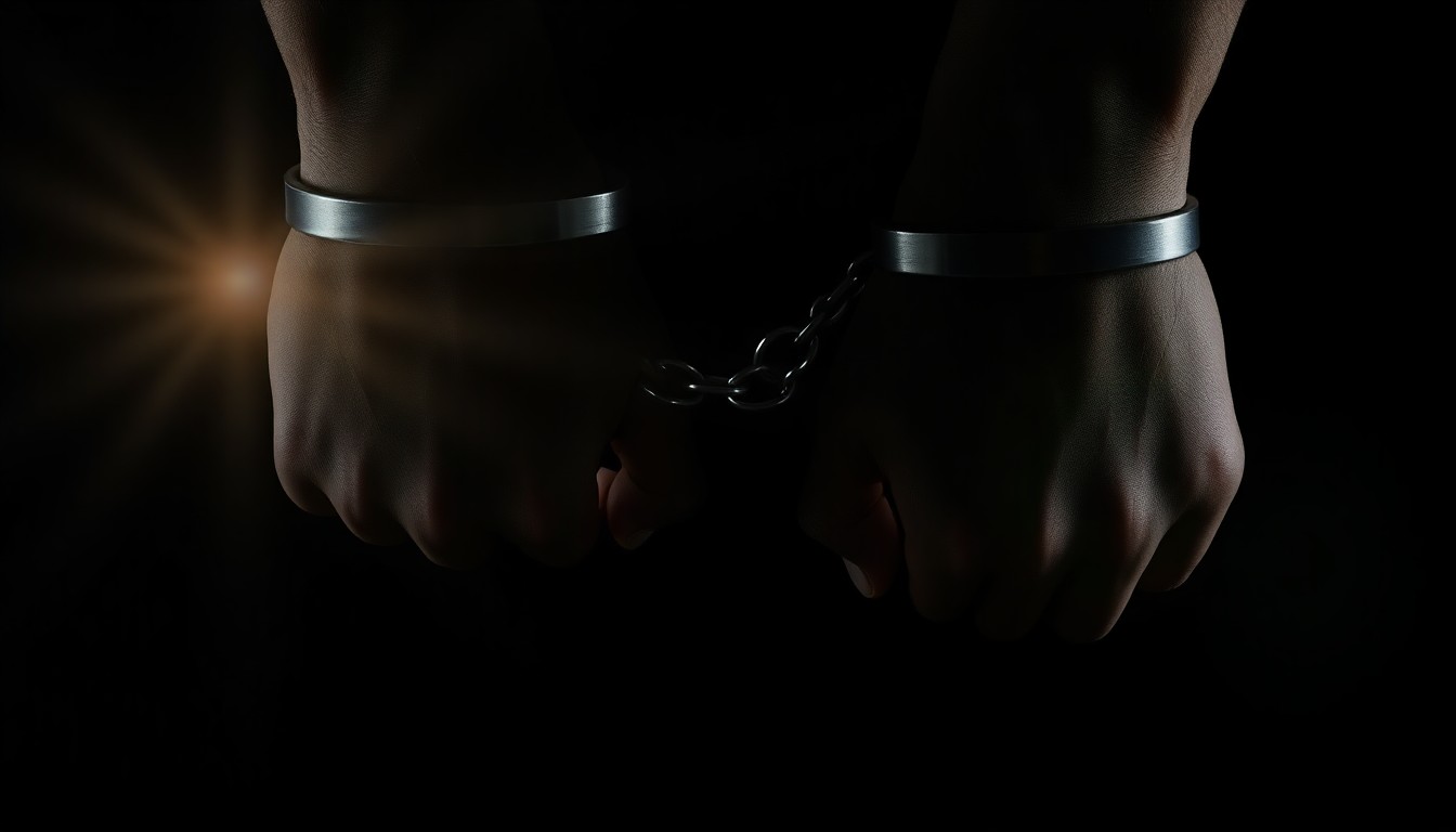 An extreme close-up photograph of handcuffed wrists against a pitch-black background, conveying a stark, gritty, investigative aesthetic without any text or identifiable elements.