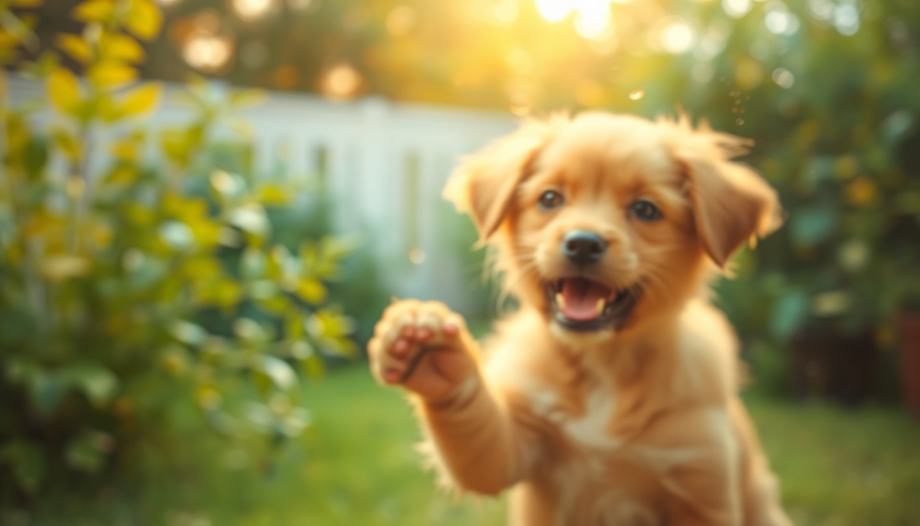 An abstract, impressionistic scene of blurred shapes and soft, warm light, evoking the feeling of playing with a puppy in a lush, green backyard.
