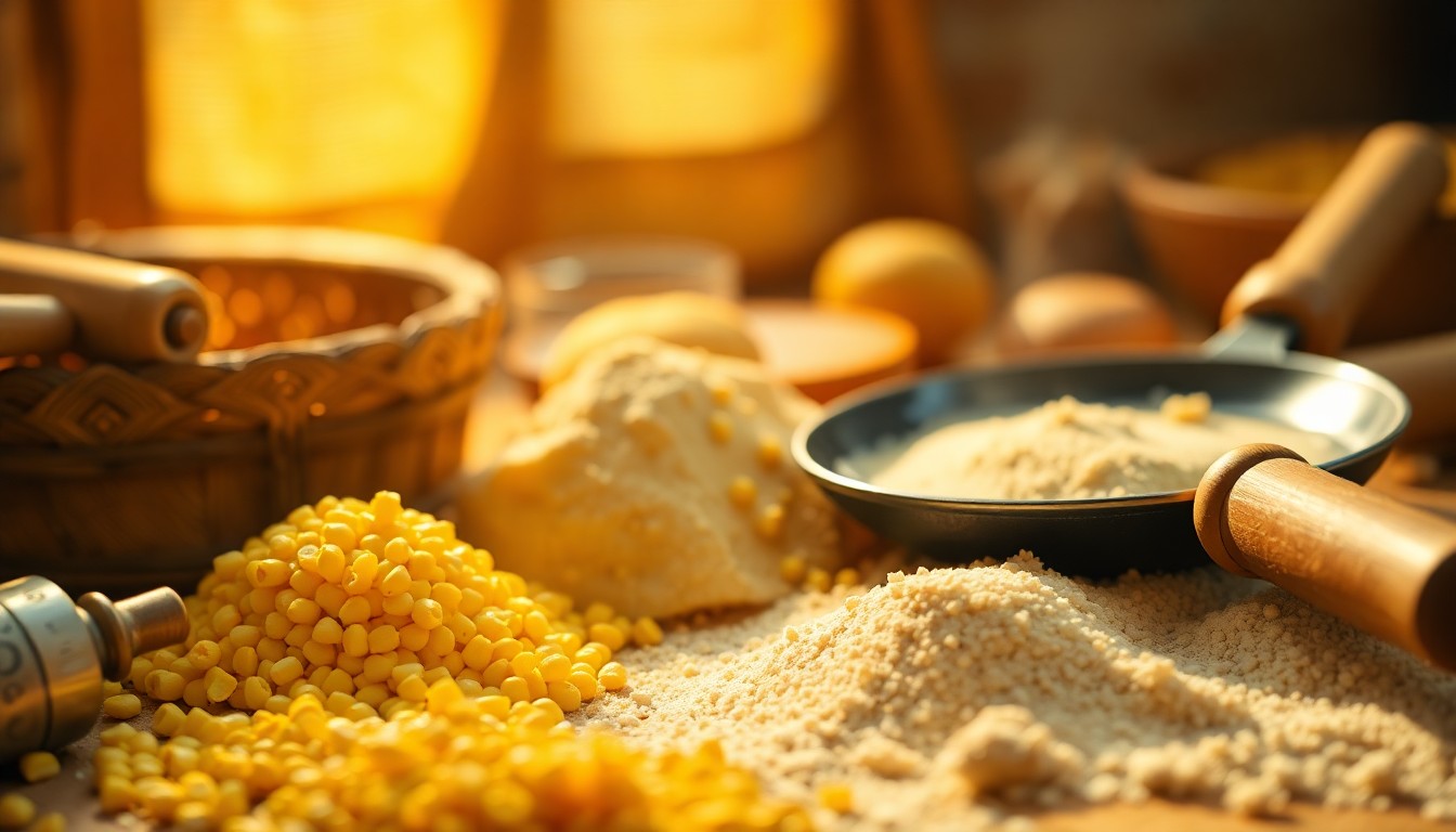 An abstract, out-of-focus scene composed of soft, warm pools of light and color, depicting traditional Mexican cooking ingredients and tools like corn kernels, masa, a rolling pin, and a comal griddle, conceptually representing the ancient origins and evolution of the tortilla.