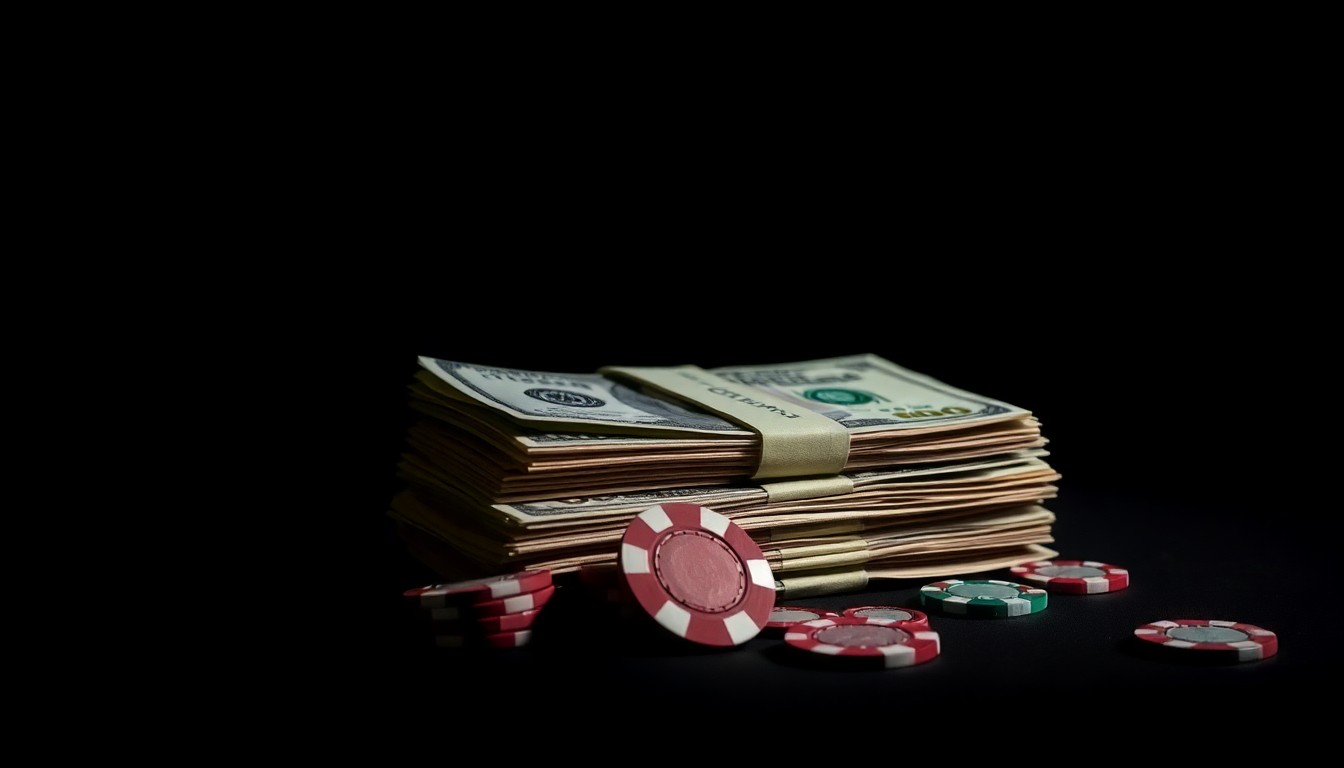An extreme close-up photograph of a stack of cash and gambling chips against a pitch-black background, creating a stark, gritty, investigative aesthetic that conceptually illustrates the corruption and illegal gambling at the heart of this story.
