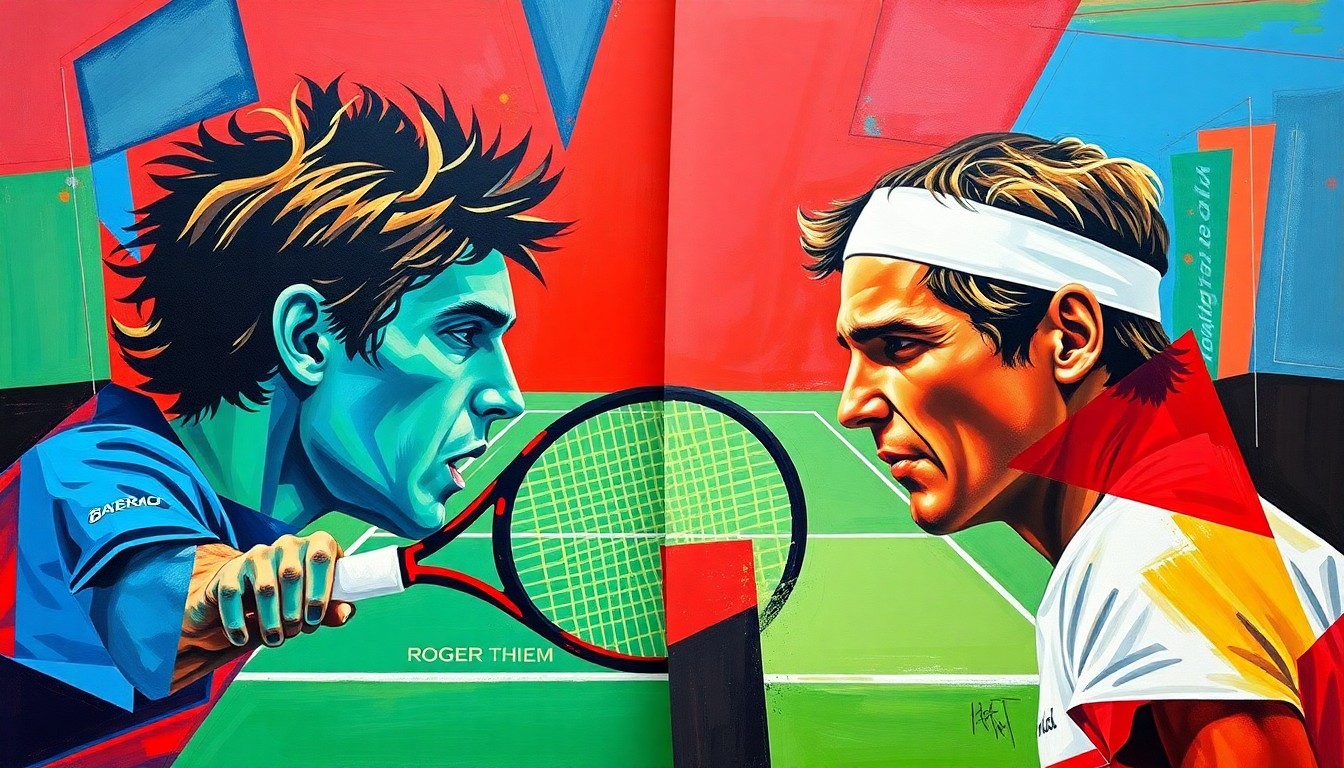 A fractured, geometric painting depicting the dynamic movement and energy of a tennis match, with sharp planes of color and overlapping perspectives conveying the mental challenge of facing an established champion.