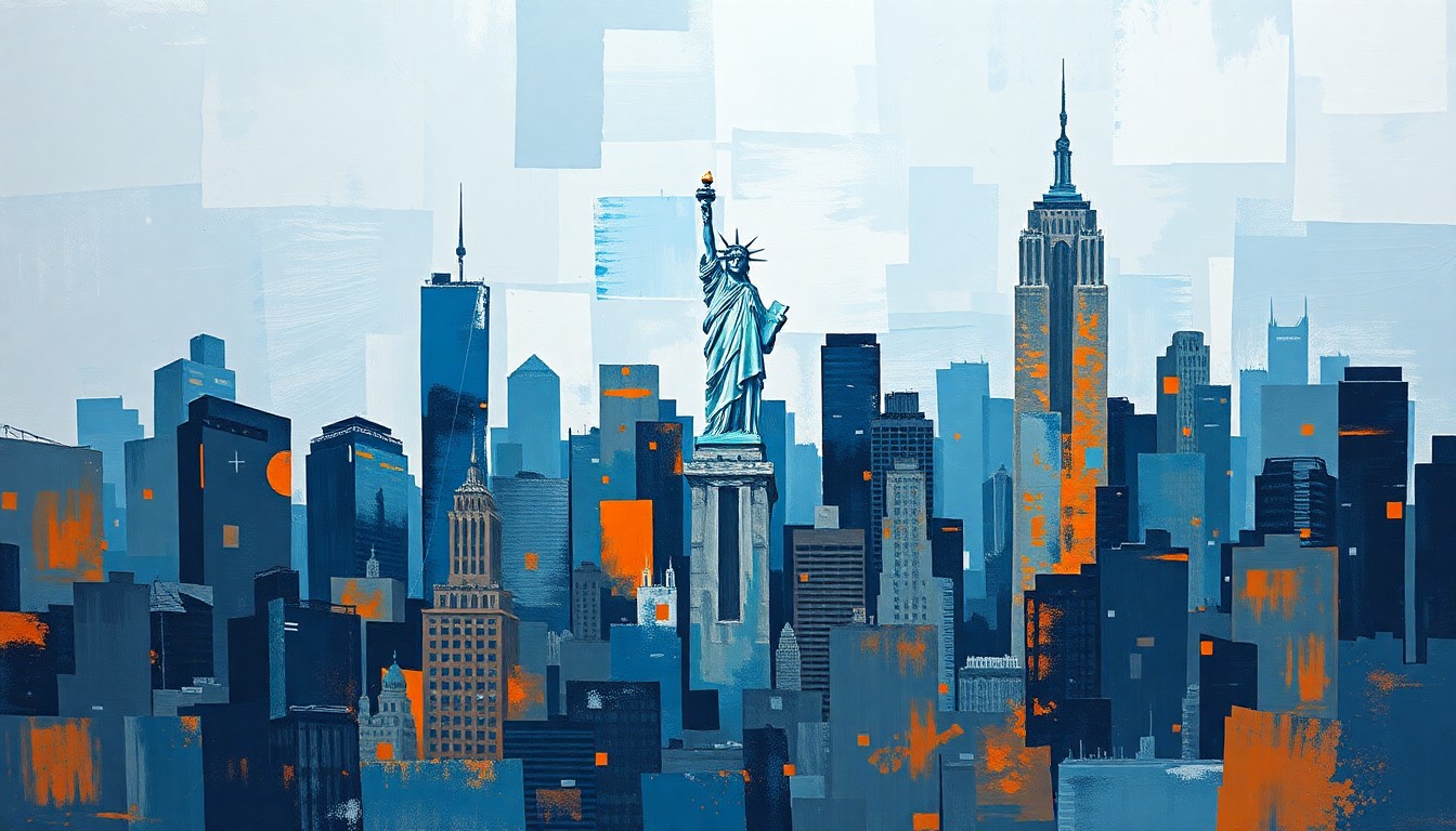 A vibrant, fragmented painting depicting the New York City skyline in shades of blue, grey, and orange, with the Statue of Liberty emerging from the fractured cityscape, conveying a sense of dynamic change and transformation.
