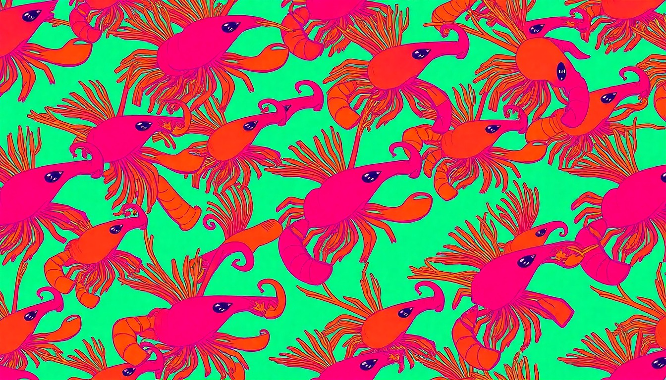 A vibrant, high-contrast silkscreen print featuring a repeating pattern of stylized crawfish in neon pink, orange, and blue hues, conceptually representing the unique and eye-catching crawfish ice cream flavor offered at Red Circle Ice Cream.