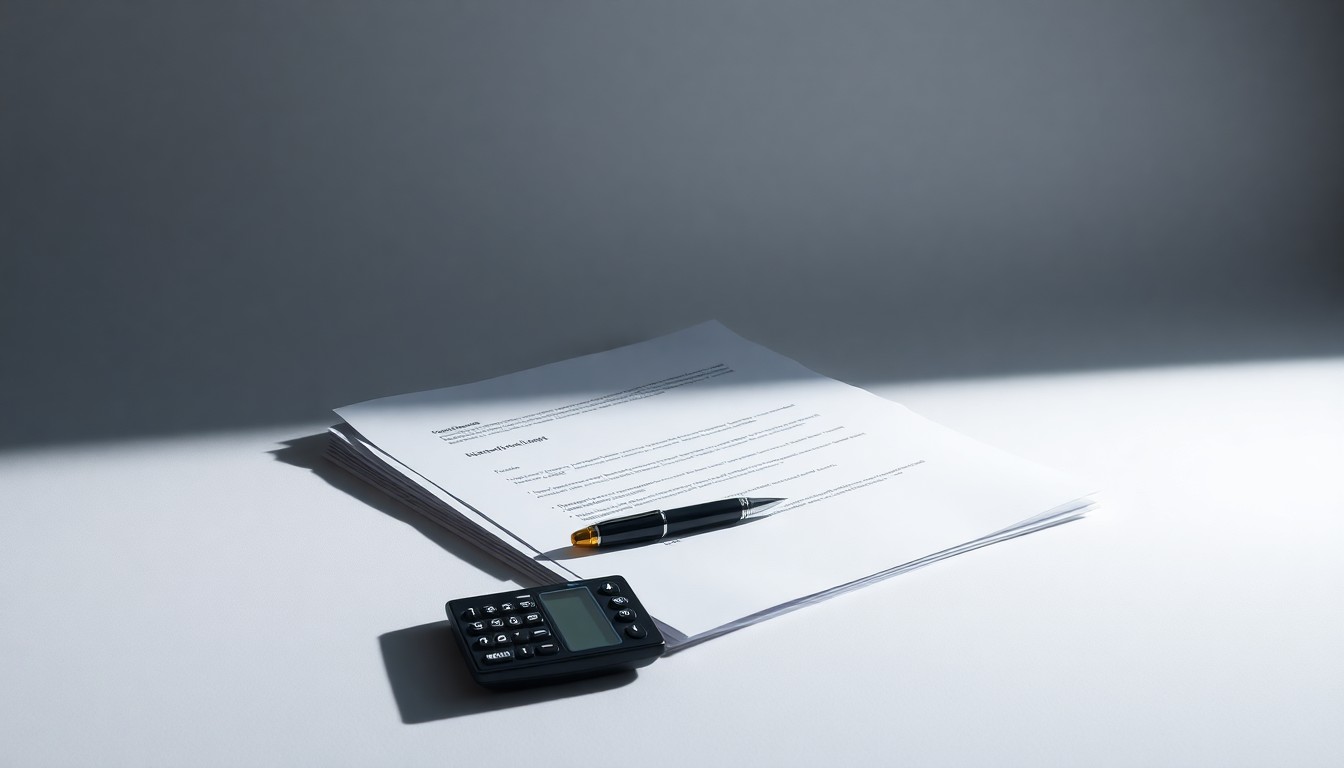 A photorealistic studio still life featuring a stack of business documents, a pen, and a calculator arranged on a clean, monochromatic background, conceptually representing the abstract financial and strategic decisions behind IPower's sublease agreement.