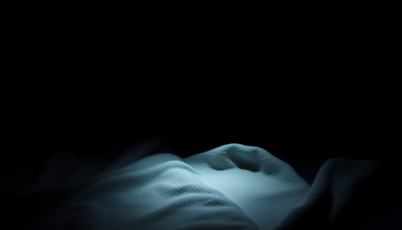 An extreme close-up photograph of a baby blanket with a subtle pattern, lit by a harsh, direct camera flash against a pitch-black background, creating a stark, gritty, investigative aesthetic.