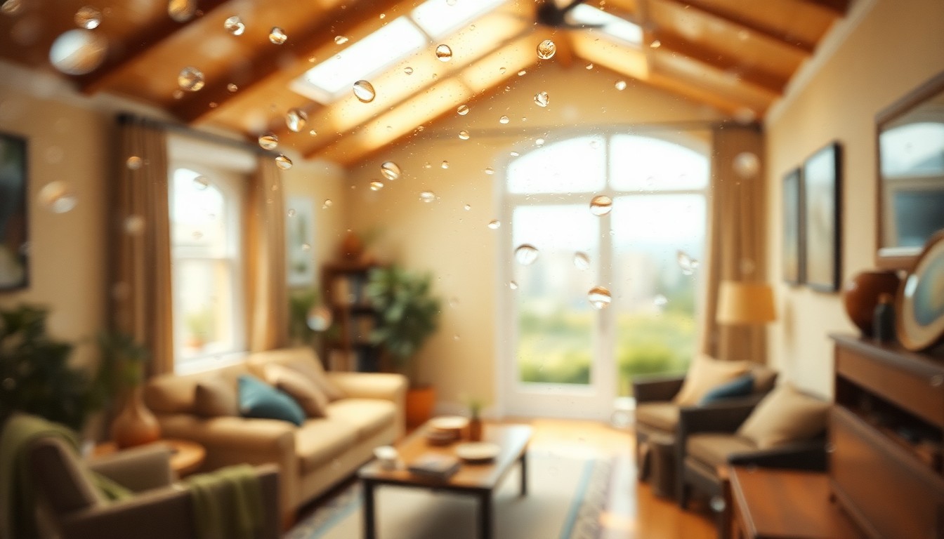 An abstract, impressionistic photograph of a cozy living room filled with soft, warm light and muted colors, conveying a sense of tranquility and comfort.