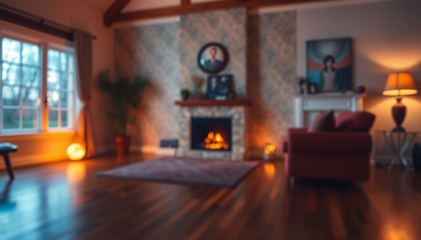 An extremely abstracted, out-of-focus photograph of a warm, inviting living room interior, with soft pools of light and color reflecting off hardwood floors and a fireplace mantel, conceptually representing the cozy, lifestyle-focused nature of this luxury home listing.