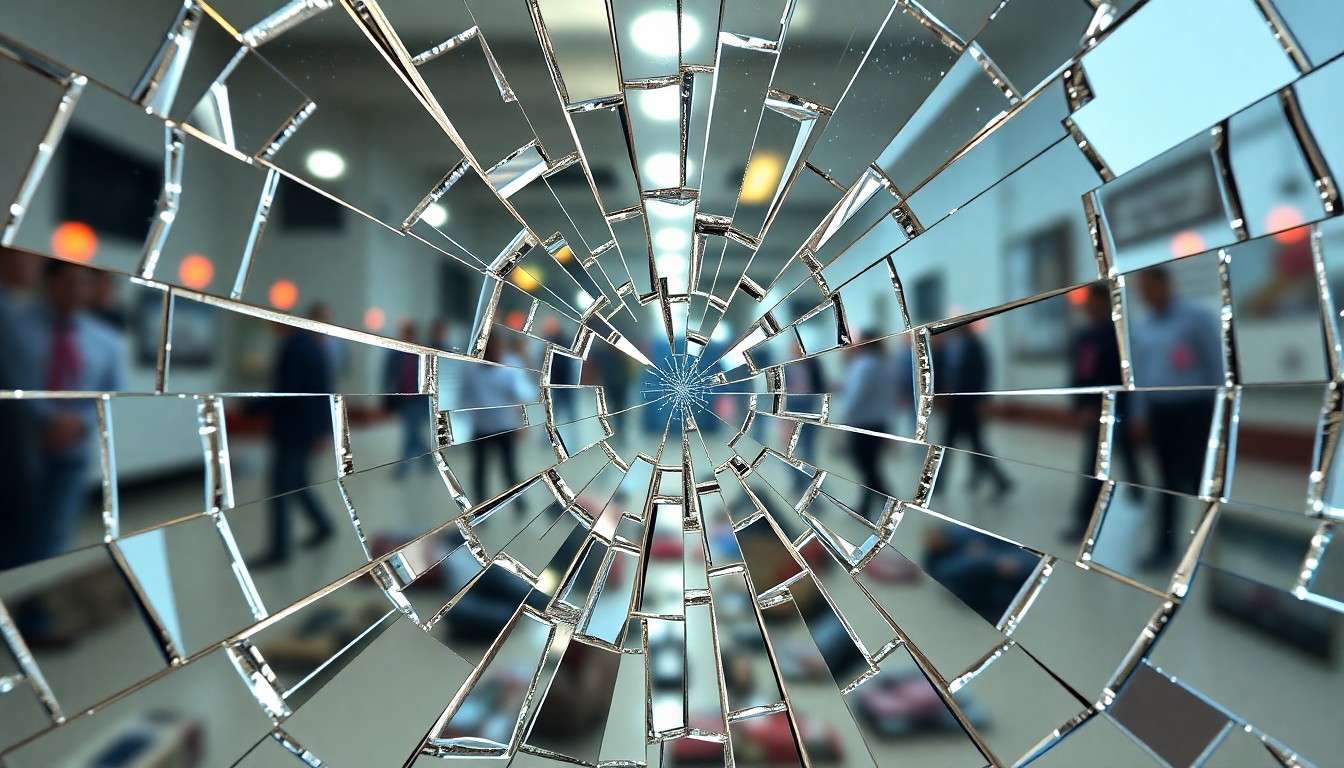 An extreme close-up of a shattered mirror reflecting a collage of fragmented images, conceptually illustrating the layered and disorienting nature of modern reality.