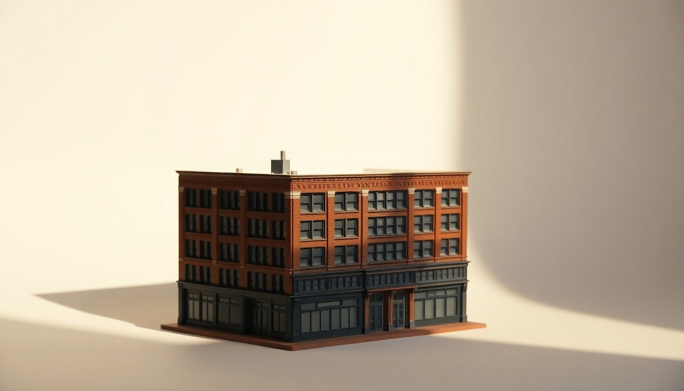 A highly detailed, photorealistic scale model of a historic brick building, its facade meticulously rendered, resting on a clean white background and dramatically lit from the side to cast deep shadows, symbolizing the building's transition from industrial to residential use.