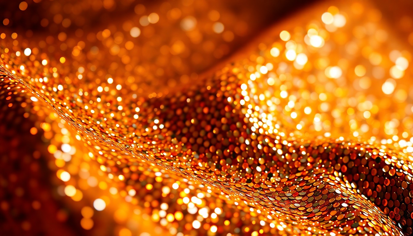 An extreme close-up photograph of shimmering, glittering sequins in high-contrast studio lighting, conveying the luxurious, high-fashion aesthetic of a major music festival.