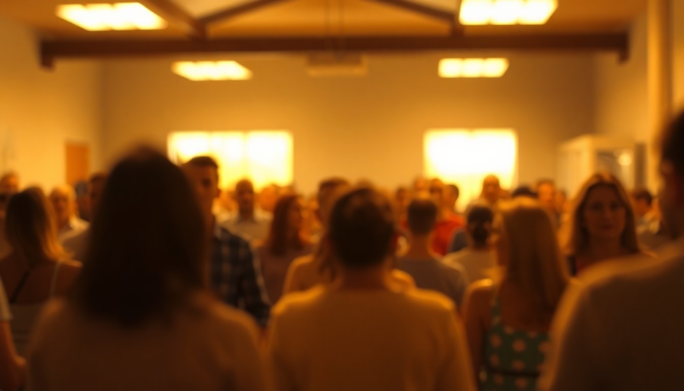 A softly focused, atmospheric scene of people gathered in a warm, inviting indoor space, the edges of the frame fading into pools of golden light, conceptually representing a thoughtful discussion on ethics and purpose.