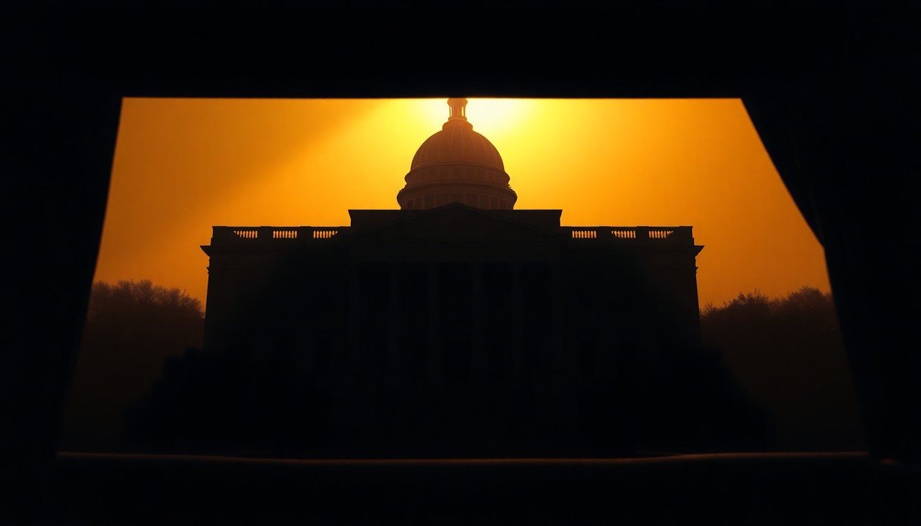 A moody, cinematic painting of a government building or political figure in warm light and deep shadows, conveying a sense of tension and unease around a political scandal.