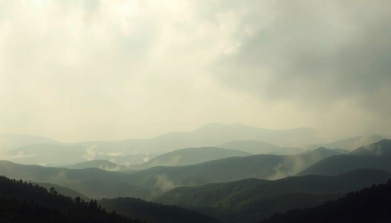 A sweeping landscape painting in muted tones of gray, blue, and brown, with a thick, smoky haze obscuring the horizon and details of the surrounding environment, conveying a sense of melancholy and the overwhelming power of nature.