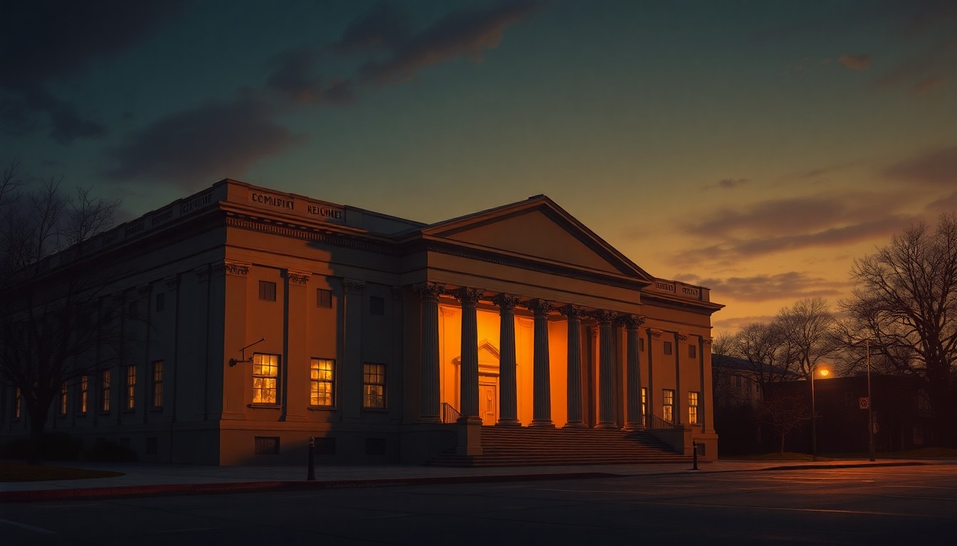 A dimly lit, cinematic painting of a government building at dusk, with a slightly cracked and weathered facade, symbolizing the fragility of democratic institutions in the face of revisionist narratives.