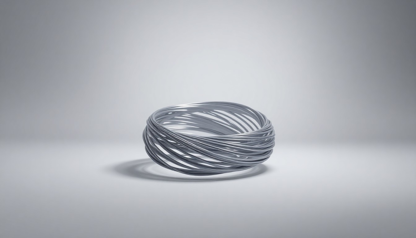 A photorealistic studio still life of a coiled fiber optic cable on a clean, monochromatic background, symbolizing the expansion of Vero Fiber's broadband network.