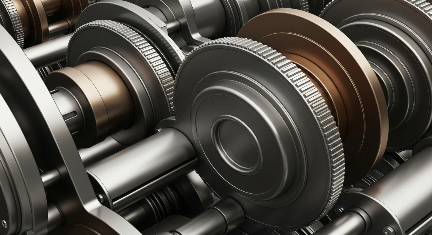 A highly detailed, cinematic macro photograph of the gears, levers, and mechanisms of heavy industrial banking equipment, conveying a sense of the complex, physical foundations of the financial sector.