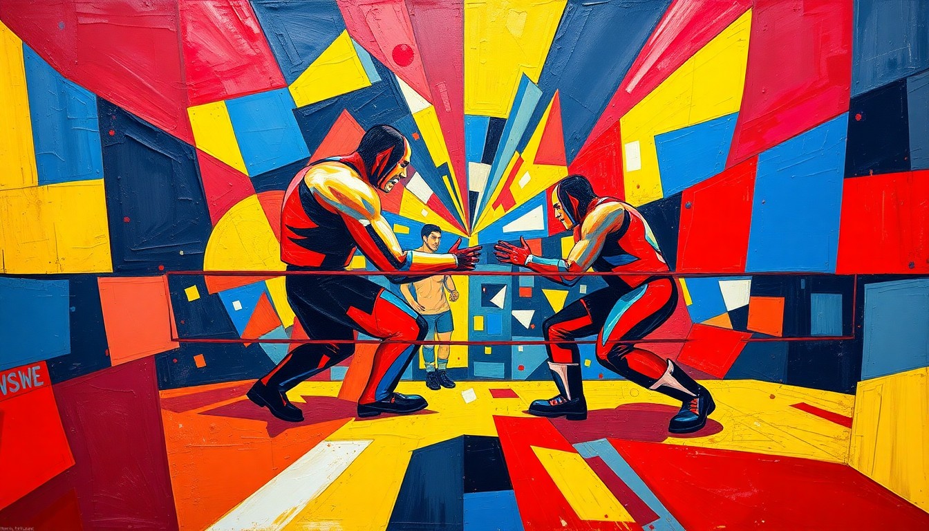 A cubist, geometric painting depicting a WWE wrestling match, with the figures and action broken down into sharp, overlapping planes of color and shape, creating a dynamic and abstract visual representation of the anticipated event.