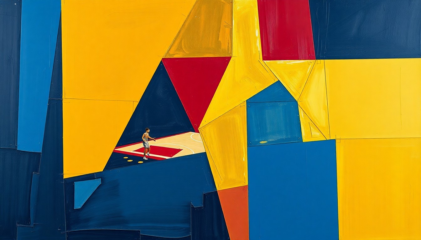 A fragmented, cubist-style painting depicting the action and energy of a women's basketball game, with sharp geometric shapes and planes in navy, gold, and crimson colors.