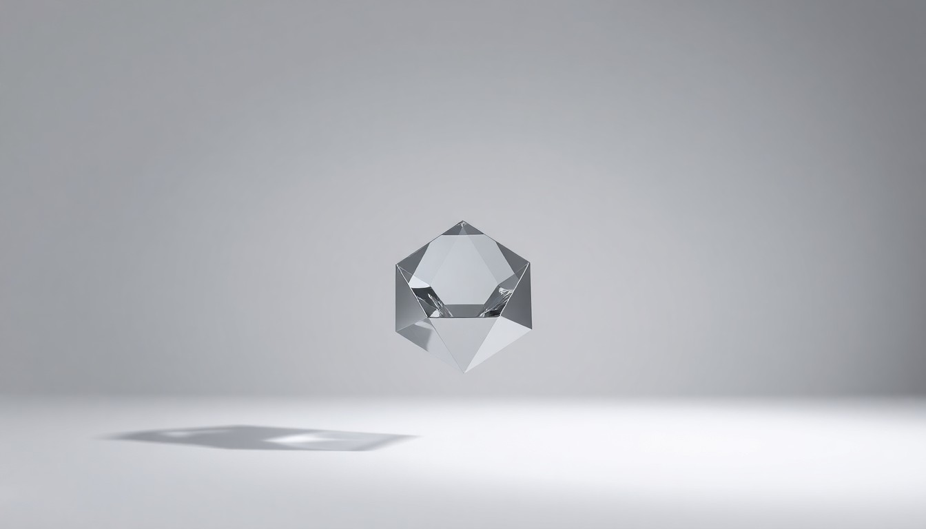 A highly reflective, geometric metal object floating on a plain white background, casting dramatic shadows and representing the abstract corporate challenges faced by the QVC Group.