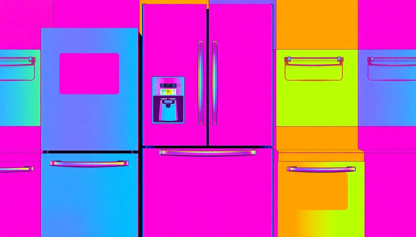 A brightly colored, high-contrast silkscreen print of a modern stainless steel kitchen appliance, such as a refrigerator, repeated in a tight grid pattern, conceptually representing the premium features and amenities of a luxury rental apartment.