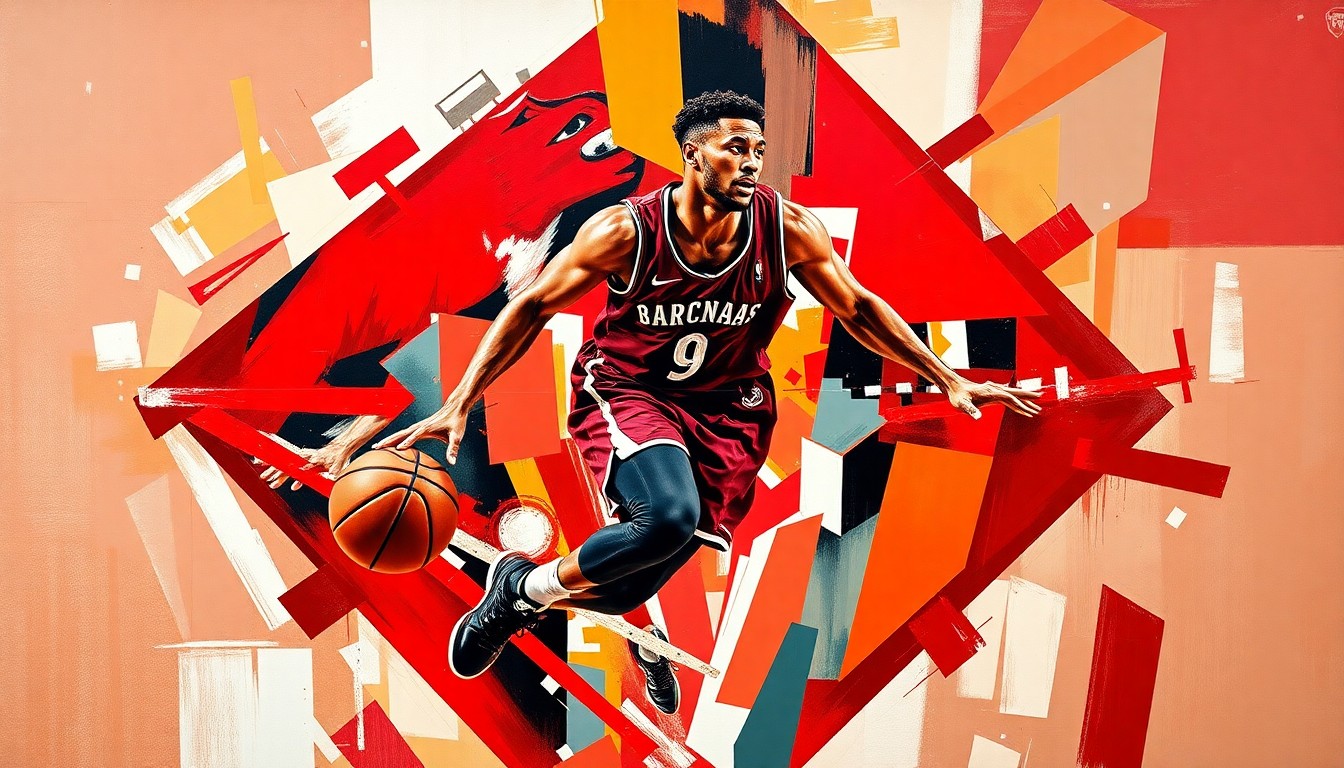 A fragmented, geometric painting depicting a basketball player in motion, with sharp planes of red, black, and white colors representing the player's movements and energy.