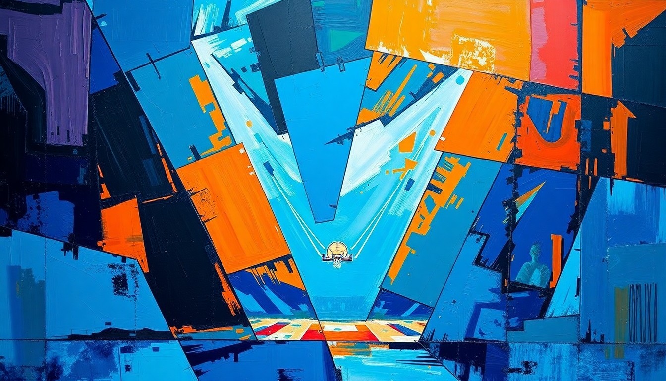 A fragmented, geometric painting depicting a basketball game or match, with sharp planes of color and overlapping perspectives, conveying the complex dynamics surrounding Donovan Mitchell's future in Cleveland.