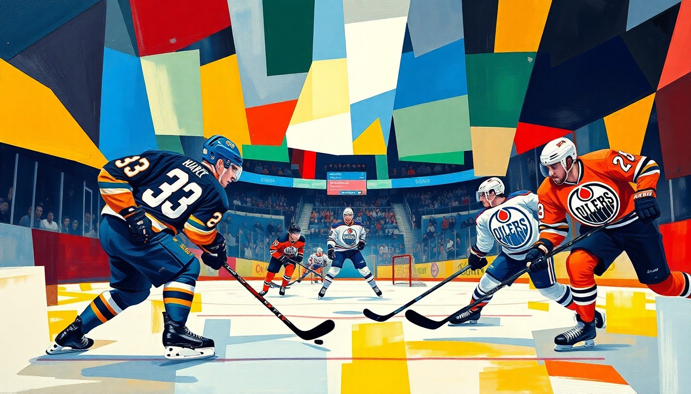 A fractured, cubist-style painting depicting a hockey game between the Anaheim Ducks and Edmonton Oilers, with the players and action broken down into sharp, overlapping geometric shapes and planes in vibrant team colors.