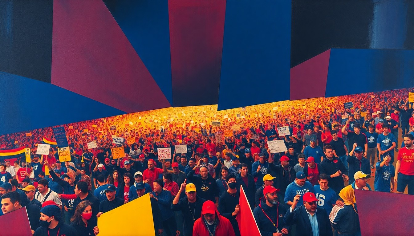 A cubist, geometric painting depicting a crowd of football fans marching and protesting, with sharp, overlapping planes in navy, crimson, and gold colors conveying the energy and passion of the demonstration.