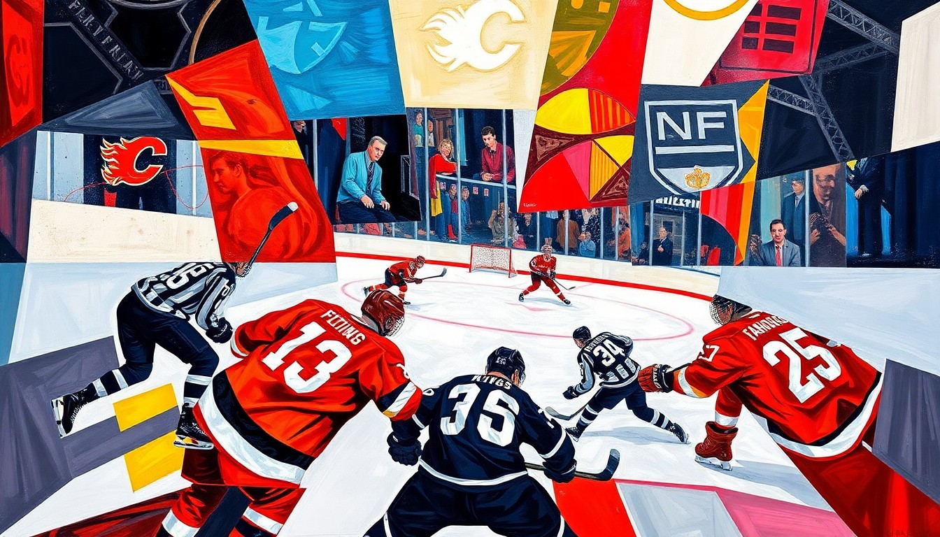 A fractured, multi-perspective painting in bold, geometric shapes and vibrant colors, depicting the action and movement of a hockey game without any identifiable players or teams.