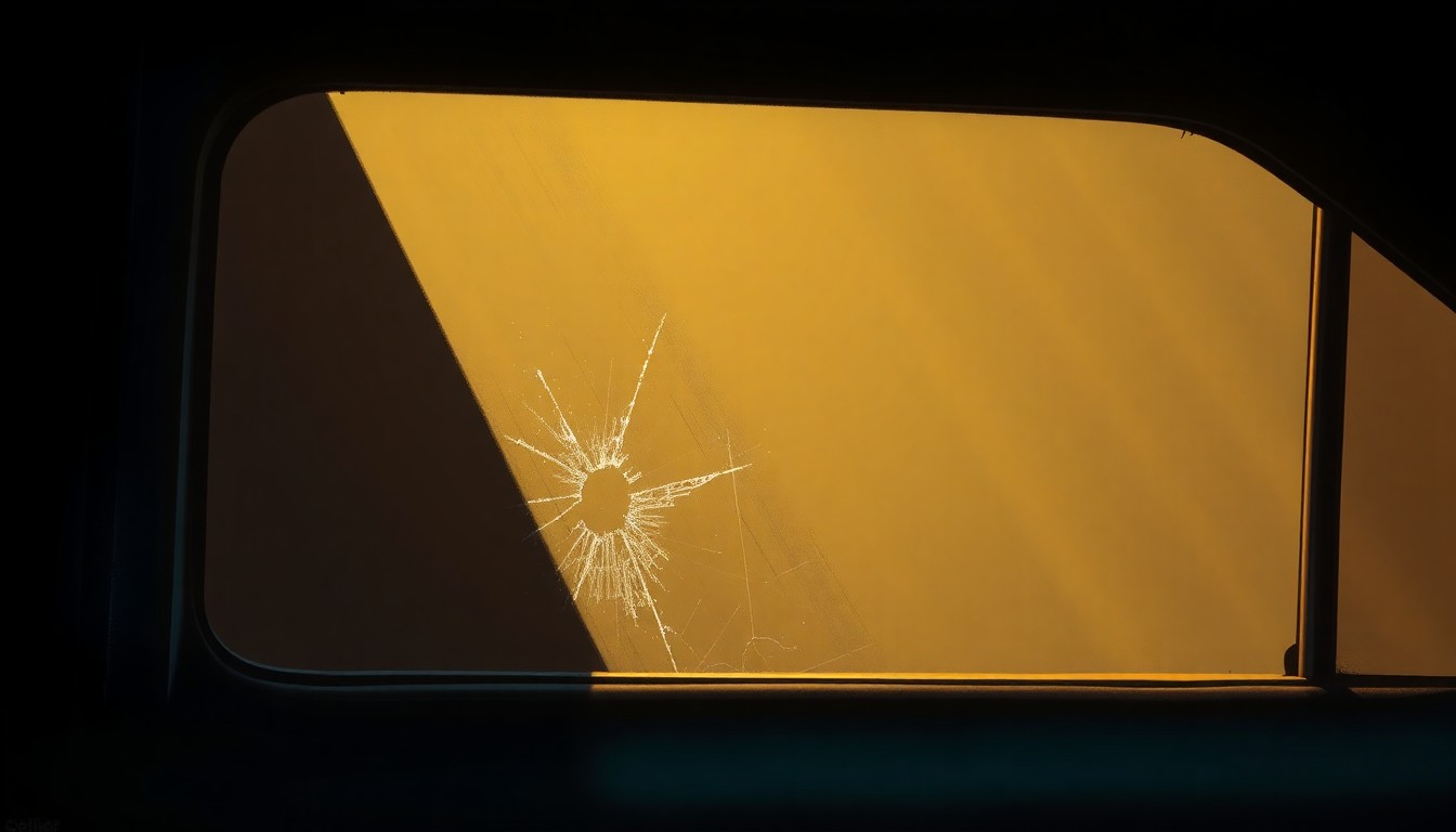 An extreme close-up of a shattered car window pane, with the glass fragments casting long shadows across the vehicle's interior. The warm, cinematic lighting and muted color palette evoke a sense of quiet contemplation and unease.