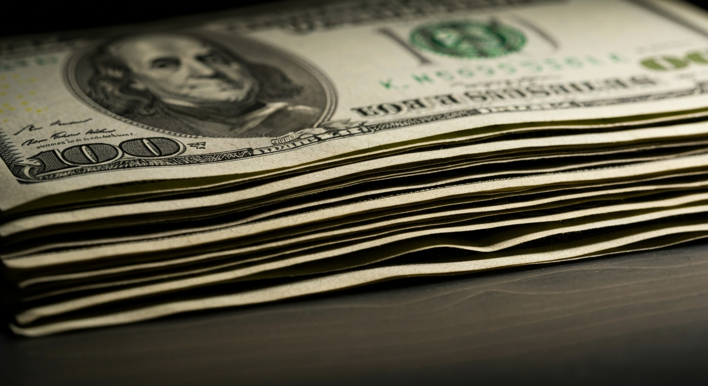 An extreme close-up of a stack of worn U.S. dollar bills, the edges reflecting light in a way that conveys a sense of solidity and security, representing the weight and substance of a substantial financial windfall.