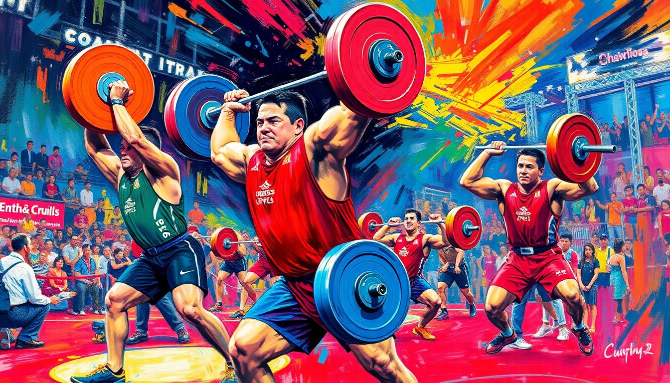 An abstract, energetic painting using bold, neon-like brushstrokes to depict the intense physical movements and competitive spirit of high school weightlifters at a regional championship event.