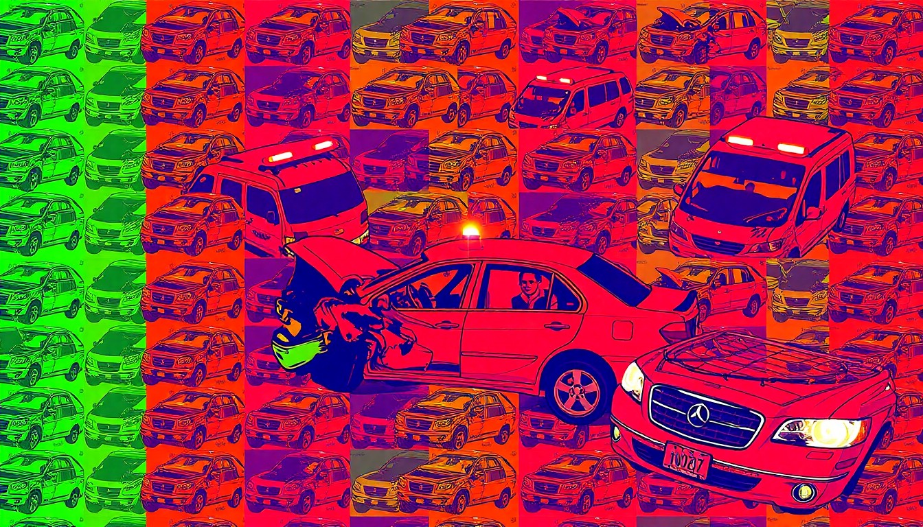 A heavily stylized, silkscreen-inspired illustration depicting the chaotic aftermath of a car crash, with emergency vehicles and distorted shapes in vibrant neon colors, conceptually representing the tragic consequences of impaired driving.
