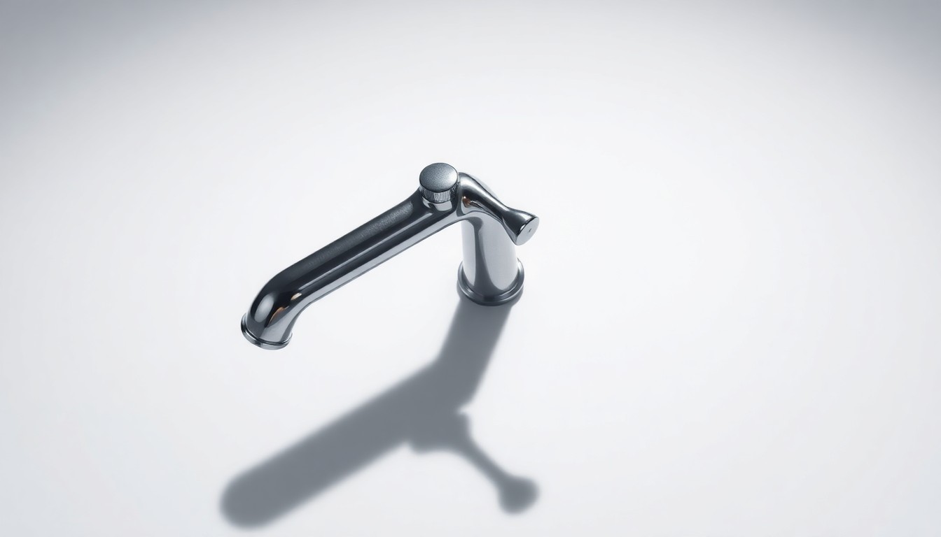 A close-up photograph of a single chrome water faucet handle resting on a plain white background, casting a dramatic shadow and symbolizing the impending water shutoff at an apartment complex due to unpaid utility bills.
