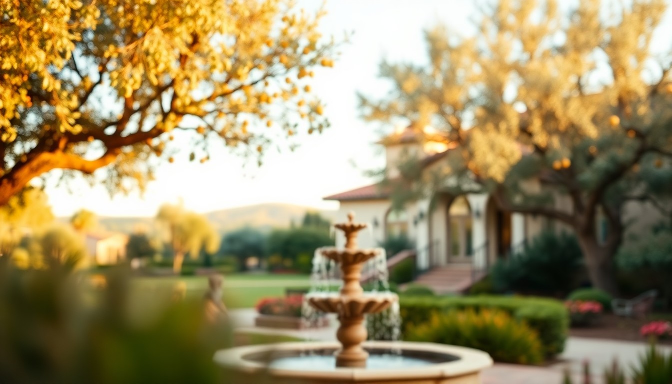 An extremely abstracted, out-of-focus photograph in soft, warm tones depicting the lush, landscaped backyard of a Spanish-style home, with a tranquil fountain and mature fruit and olive trees visible in the blurred foreground.