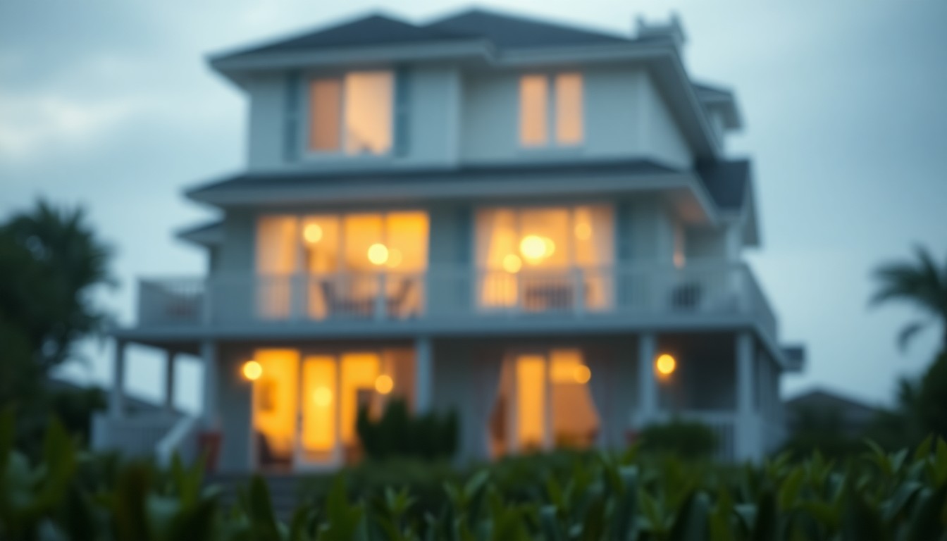 An extremely abstracted, out-of-focus photograph of a coastal home exterior, with soft pools of warm color and light reflecting off rain-streaked glass, conceptually representing the serene and inviting atmosphere of the property.