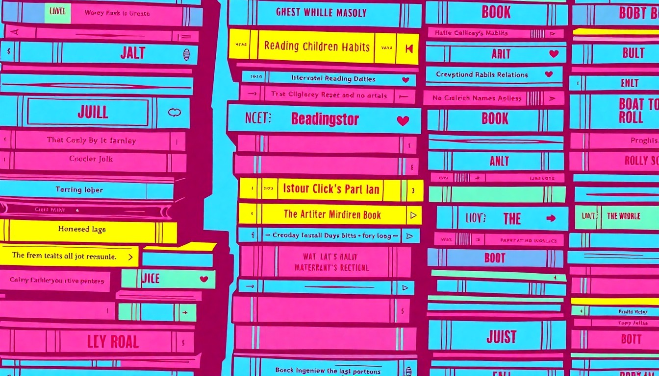 A bold, colorful silkscreen-style illustration featuring a repeating grid of stacked children's books in vibrant neon hues, capturing the playful and artistic spirit of the 90-Second Newbery Film Festival.