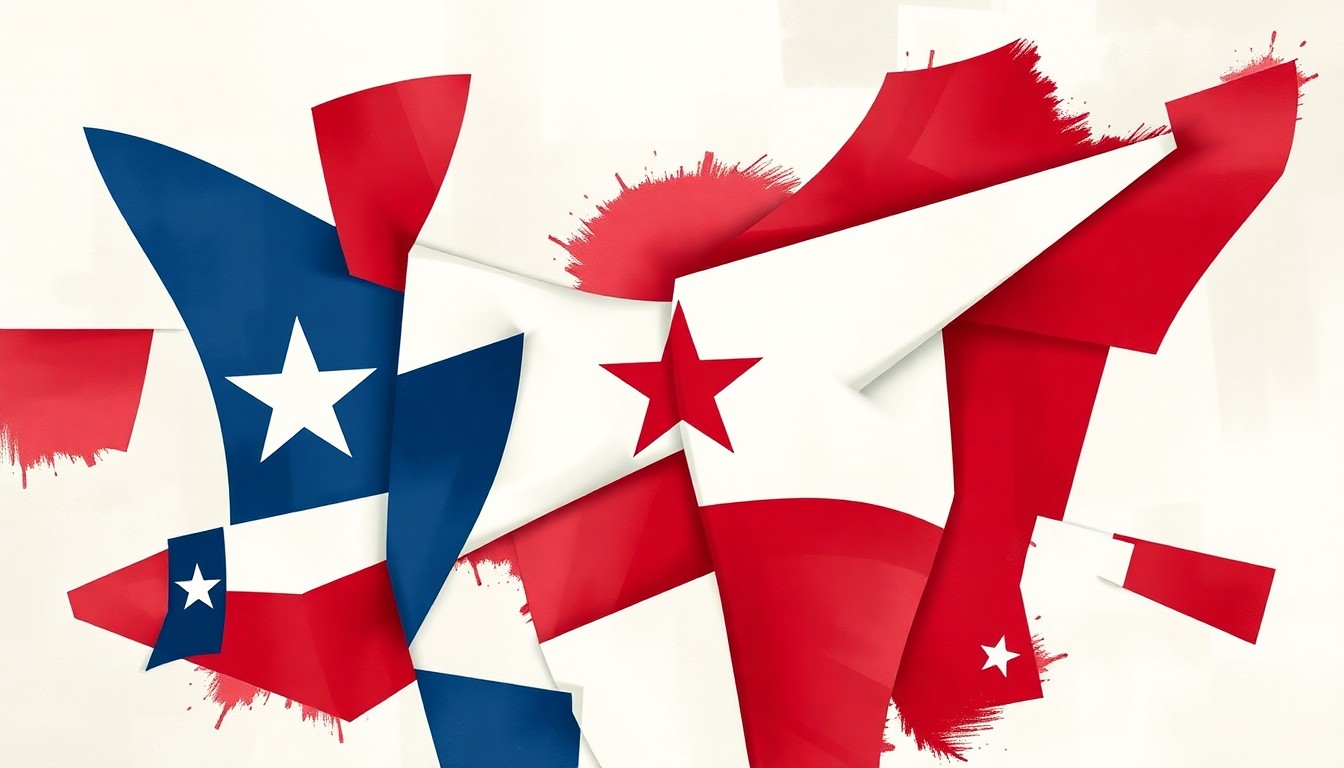 A fractured, abstract painting featuring the elements of the Texas state flag in muted shades of red, white, and blue, with the flag's components repeated and overlapping to create a sense of motion and energy, conceptually representing the heated political tensions in the Texas Senate race.