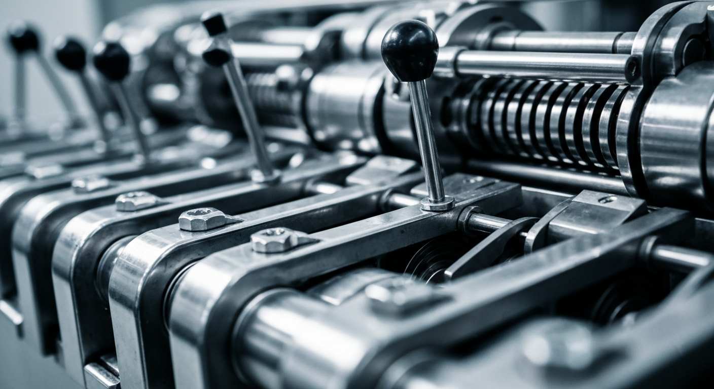 A highly detailed, black-and-white close-up image of gears, levers, and other heavy industrial machinery, representing the tangible, physical nature of the financial sector and the institutional power behind Charles River Associates' consulting work.