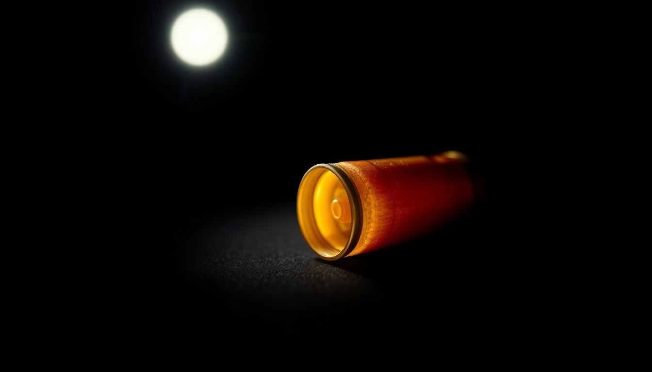 An extreme close-up photograph of a single spent shell casing, its metallic surface reflecting the harsh light of the camera flash, conveying a sense of the sudden, violent nature of the crime.