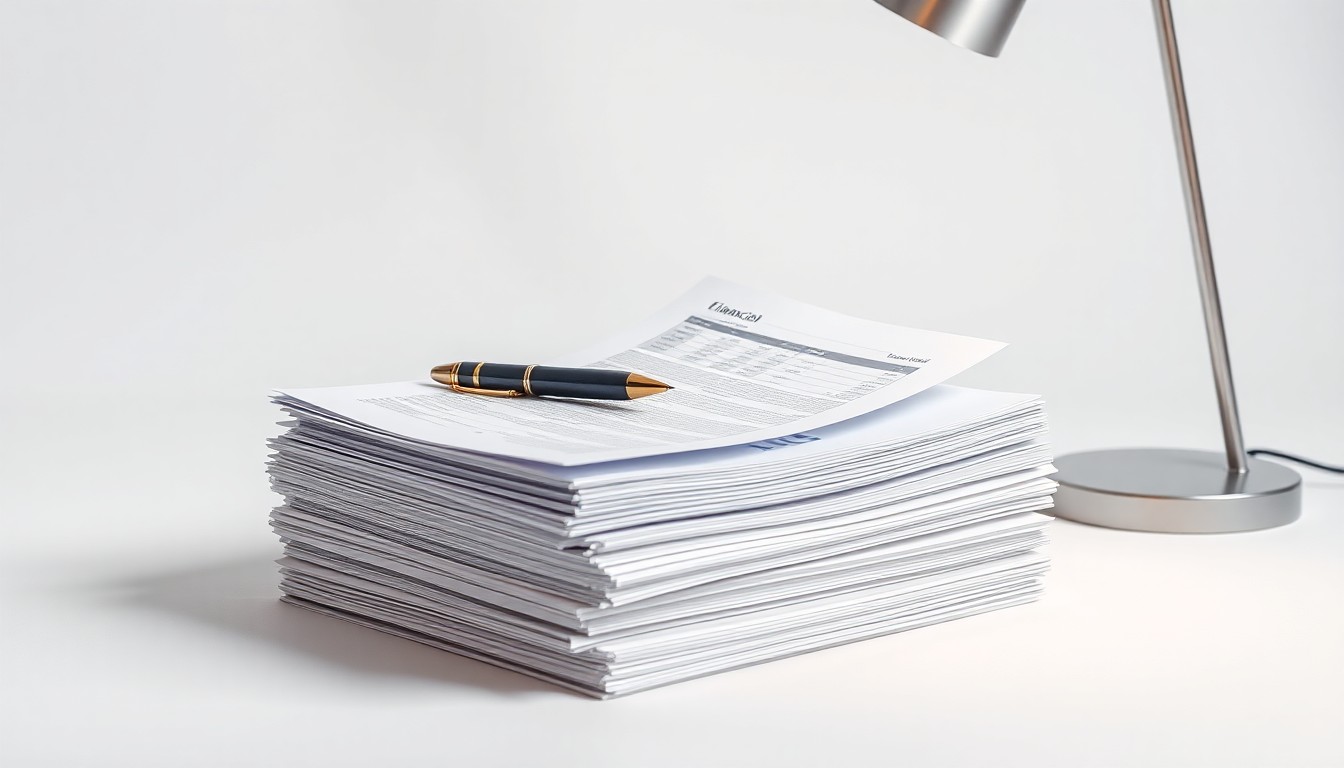 A photorealistic studio still life featuring a stack of financial documents, a pen, and a modern desk lamp arranged on a clean, white background, symbolizing the abstract concepts of corporate strategy, financial planning, and wealth management.