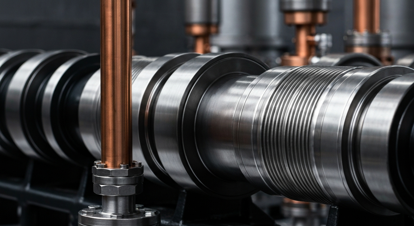 An extreme close-up of intricate, interlocking metal gears and pipes in shades of steel gray, copper, and black, conveying the industrial might and financial stability of the energy sector.