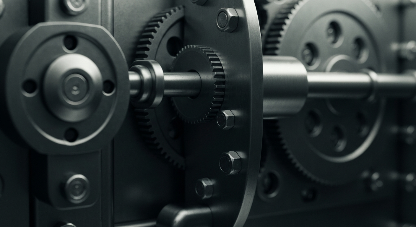 A cinematic, high-contrast close-up of the complex mechanical components and intricate metal workings that make up the secure infrastructure of a bank vault, conveying a sense of the tangible, physical foundations of the financial system.