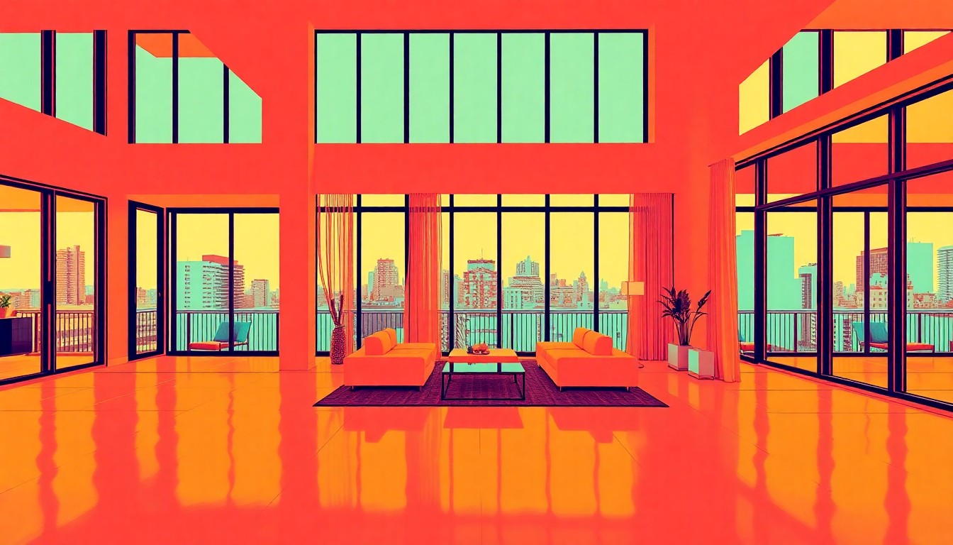 A high-contrast, silkscreen-style illustration featuring a repeated pattern of a minimalist, well-lit apartment interior with clean lines and large windows, rendered in a bold, neon color palette that captures the contemporary elegance of this Fort Lauderdale rental property.