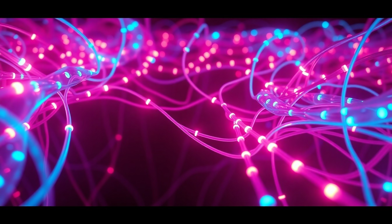 A highly detailed, glowing 3D illustration of a complex fiber optic cable network, with neon cyan and magenta lights illuminating the intricate physical infrastructure, conceptually representing the technological advancements in broadband connectivity.