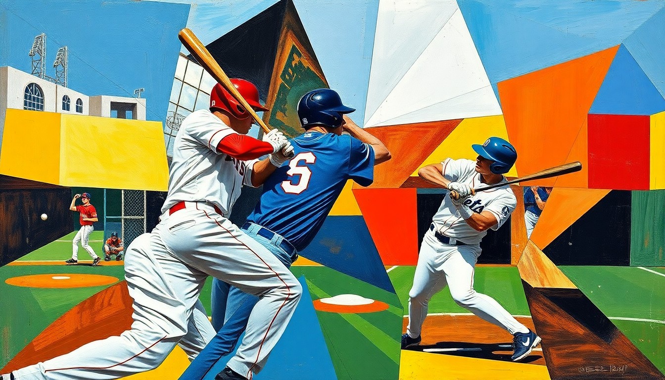 A fractured, multi-perspective painting in vibrant colors, breaking down a college baseball game into sharp, overlapping geometric shapes and planes, capturing the intensity and energy of the sport.