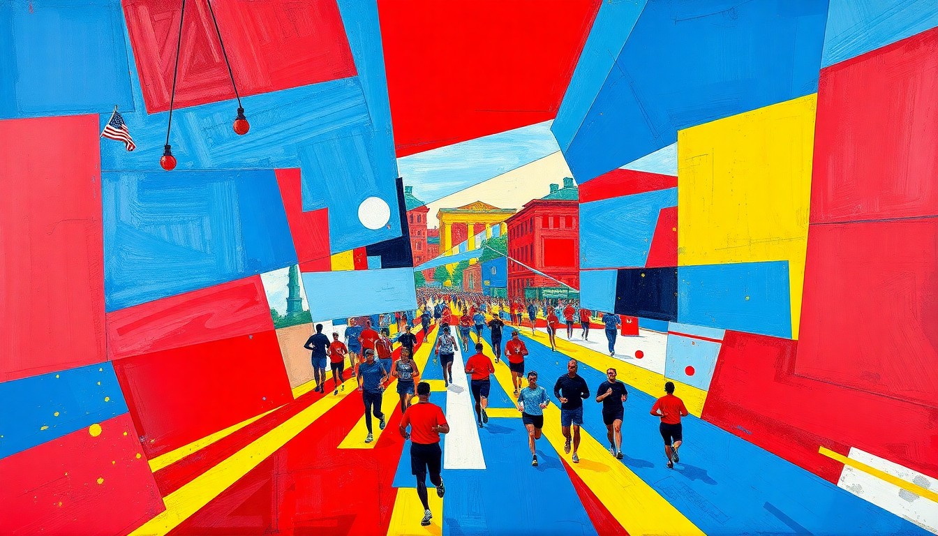 A cubist-style painting featuring sharp, overlapping geometric shapes in vibrant colors, conceptually representing the energy and movement of the Boston Marathon.