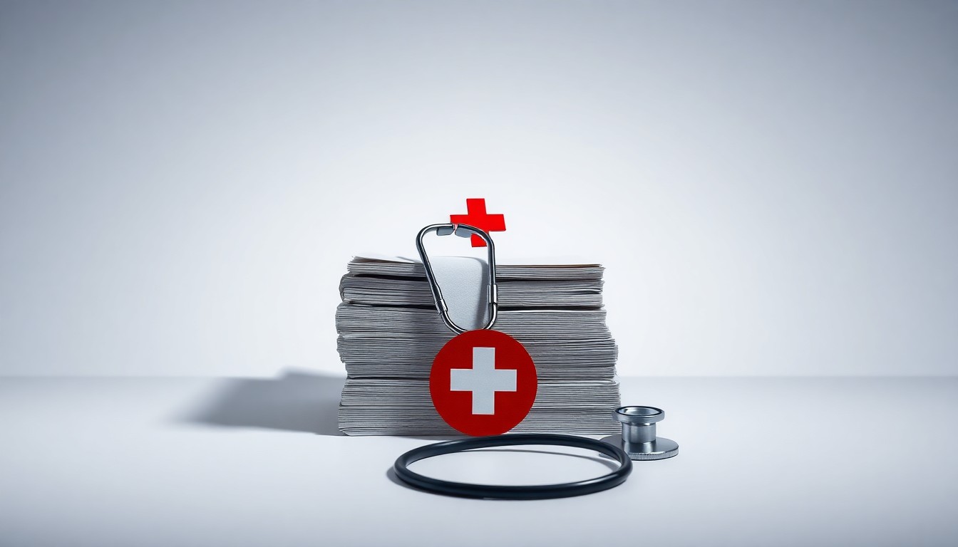 A high-end, photorealistic studio still-life photograph featuring a stack of medical files, a stethoscope, and a red cross symbol arranged elegantly on a clean, white background, conceptually representing the abstract themes of healthcare, labor unions, and corporate strategy.