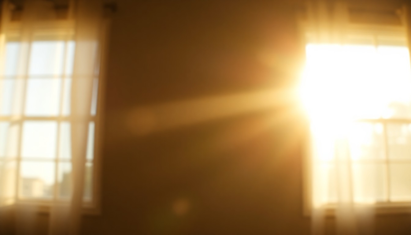 An extremely abstracted, out-of-focus photograph of a sun-drenched window, with soft pools of warm color and light creating a dreamy, atmospheric mood that captures the comfort and privacy of a home with window tinting.